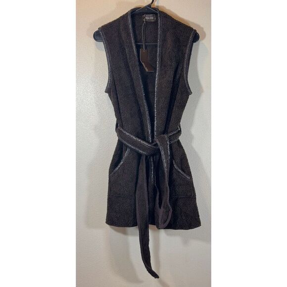 NWT Sherry Nikka Sherpa 100% Leather Trim Open Front Tie Vest Cardigan - Picture 1 of 8